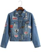 Romwe Lapel Ripped Patch Denim Pale Blue Coat