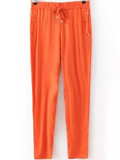 Romwe Draw Cord Waist Studded Orange Pant