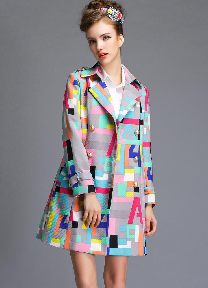 Romwe Multicolor Long Sleeve Geometric Print Trench Coat