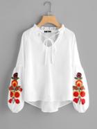 Romwe Frill Tie Neck Embroidered Lantern Sleeve Top