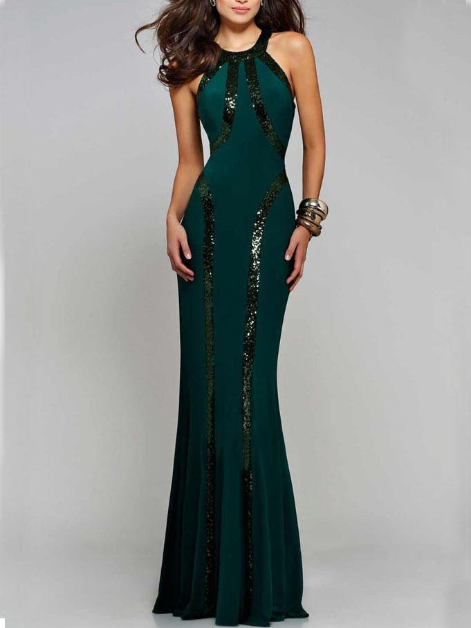 Romwe Grenn Sequin Panel Racer Neck Fishtail Dress