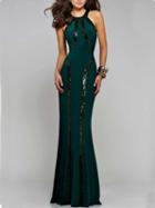 Romwe Grenn Sequin Panel Racer Neck Fishtail Dress