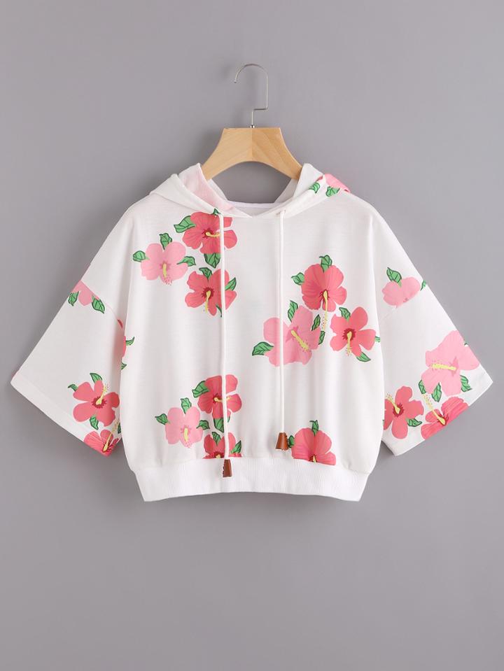 Romwe Flower Print Drop Shoulder Crop Hoodie