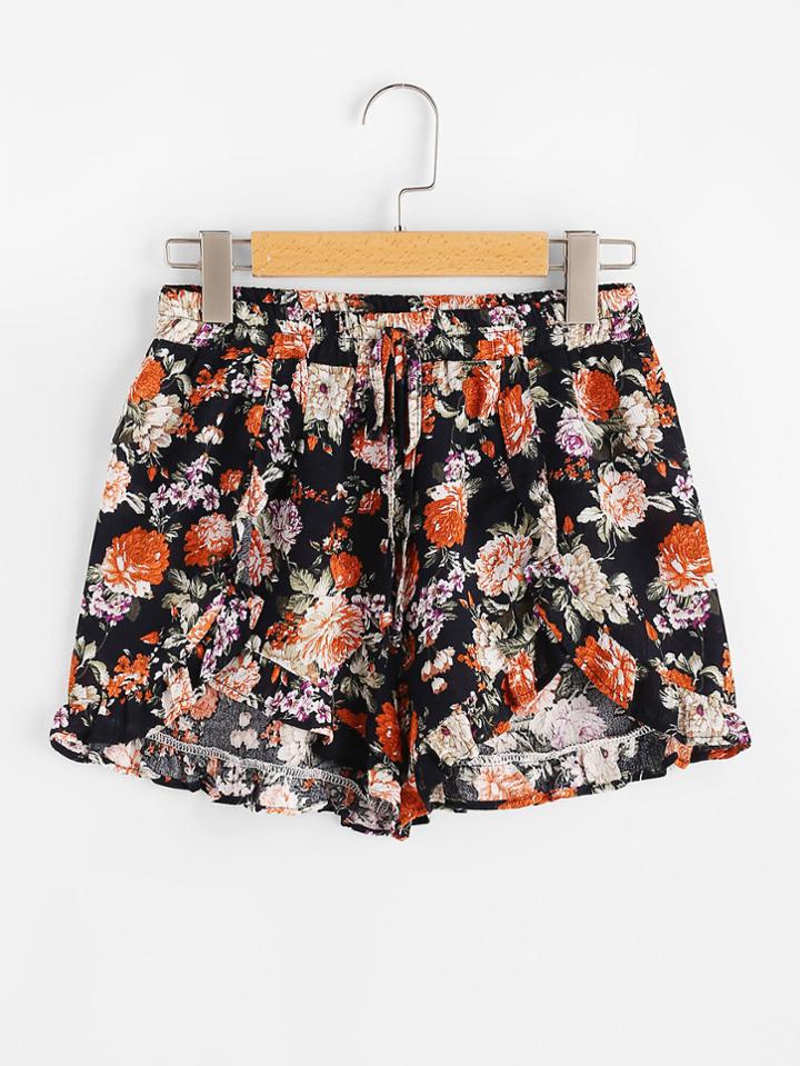 Romwe Floral Print Random Drawstring Asymmetric Hem Shorts
