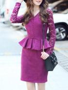 Romwe Purple V Neck Contrast Lace Peplum Sheath Dress