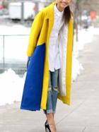 Romwe Yellow Blue Long Sleeve Lapel Color Block Coat