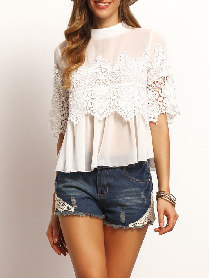 Romwe White Crew Neck Lace Chiffon Blouse
