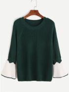 Romwe Dark Green Contrast Bell Sleeve Sweater