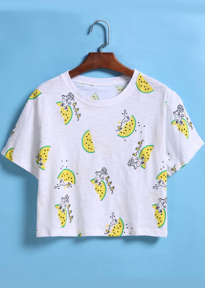 Romwe White Short Sleeve Yellow Watermelon Print Crop T-shirt