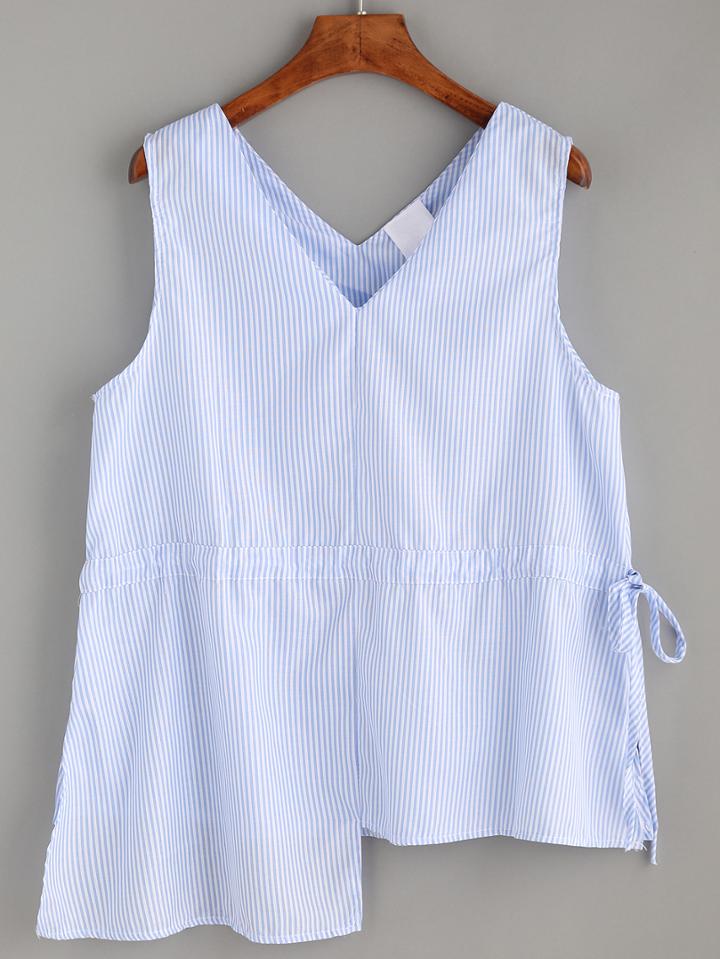Romwe Blue Vertical Striped Asymmetric Drawstring Sleeveless Blouse