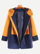 Romwe Color Block Zips Pocket Sherpa Trim Hooded Coat