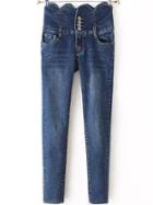 Romwe High Waist Single Breasted Denim Slim Pant