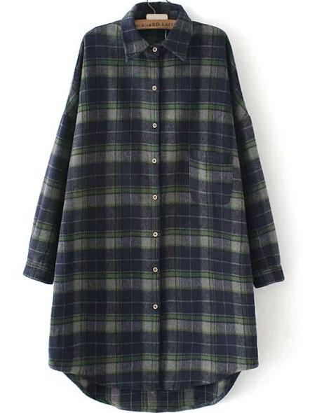 Romwe Plaid Pocket Loose Green And Navy Blouse