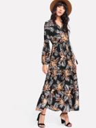 Romwe Tassel Tied Neck Tropical Print Dress