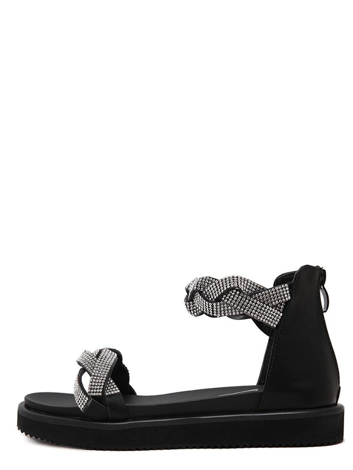 Romwe Black Open Toe Rhinestone Criss Cross Braided Sandals