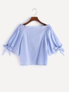 Romwe Blue Checkered Off The Shoulder Tie Sleeve Top