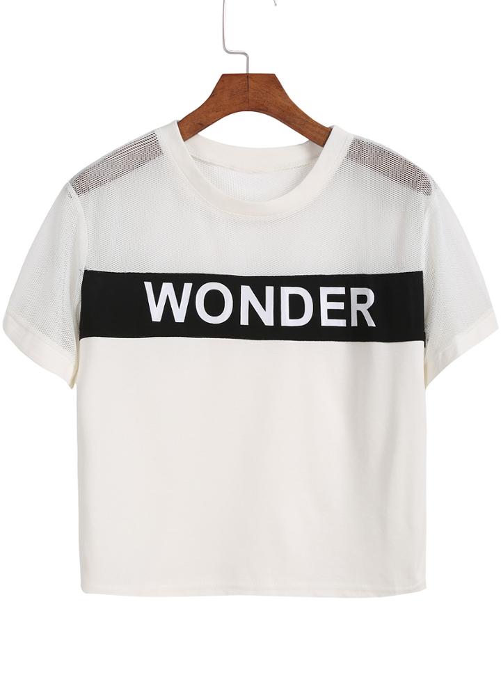 Romwe White Short Sleeve Sheer Mesh Wonder Print T-shirt