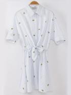 Romwe Blue Striped Embroidered Bow Tie Shirt Dress