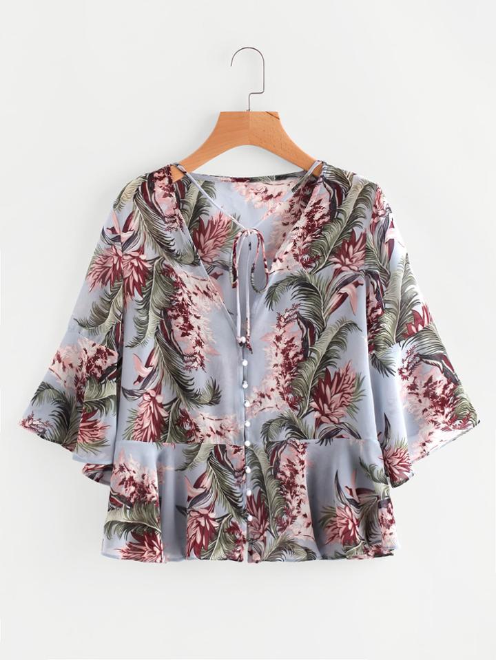 Romwe Fluted Sleeve Random Frill Hem Self Tie Blouse