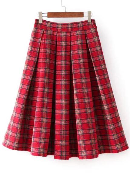 Romwe Plaid Zipper Pleated Red Skirt