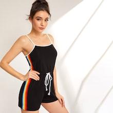 Romwe Drawstring Waist Rainbow Striped Tape Tank Romper