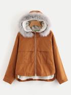 Romwe Faux Fur Trim Fleece Inside Hooded Denim Coat