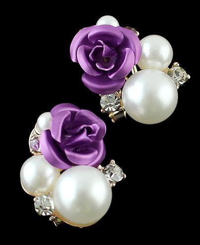 Romwe Purple Rose Pearl Stud Earrings