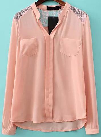 Romwe Pink V Neck Lace Dipped Hem Blouse