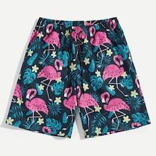 Romwe Guys Tropical & Flamingo Print Shorts