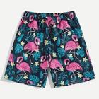 Romwe Guys Tropical & Flamingo Print Shorts