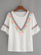 Romwe White Tassel And Woven Tape Embellished T-shirt