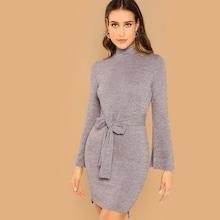 Romwe Mock Neck Heathered Knit Knot Dress
