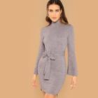 Romwe Mock Neck Heathered Knit Knot Dress