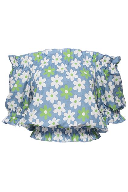 Romwe White Flower Print Elastic Short-sleeved Blue Blouse