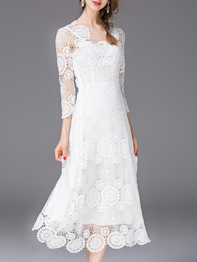 Romwe White Sheer Crochet Hollow Out Dress