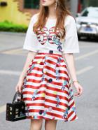 Romwe White Red Striped Top With Elephant Print Skirt