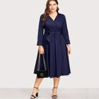 Romwe Plus Surplice Neckline Self Tie Circle Dress