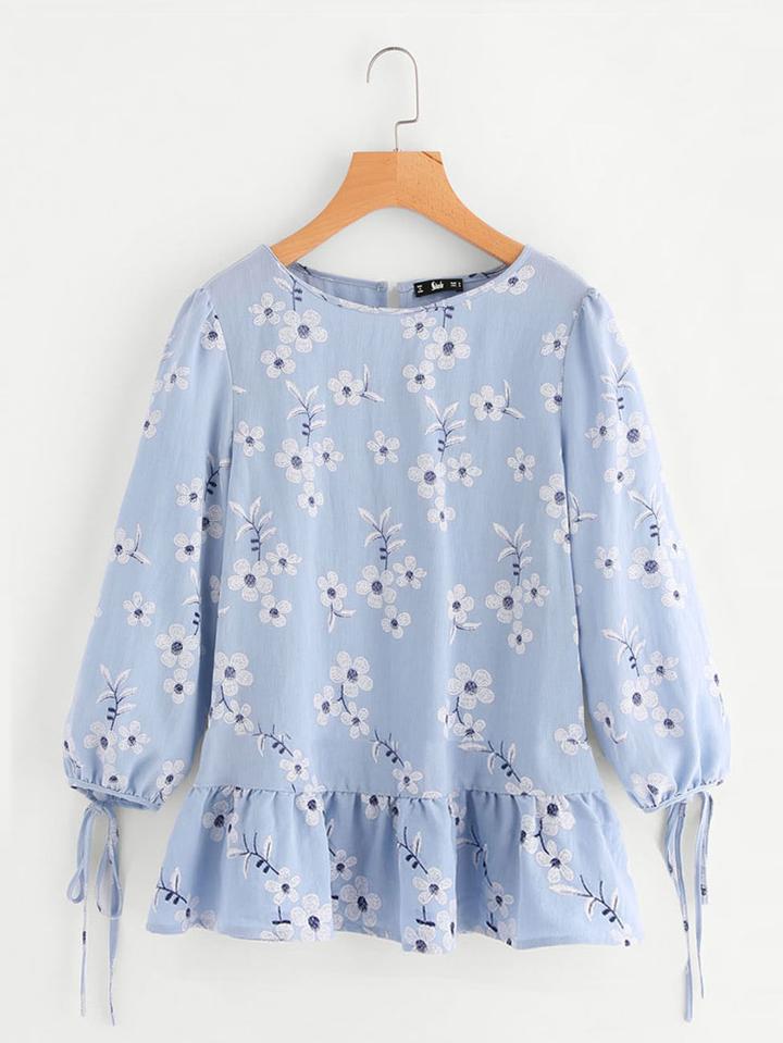 Romwe Tied Cuff Frill Hem Flower Print Top