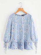 Romwe Tied Cuff Frill Hem Flower Print Top