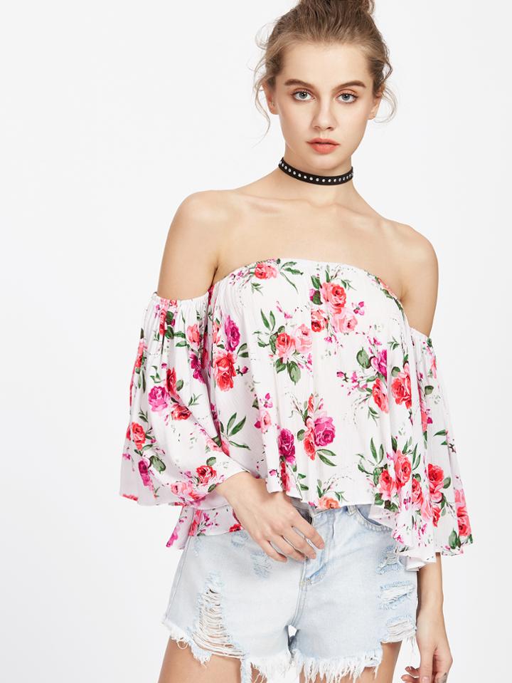 Romwe Off Shoulder Floral Print Blouse