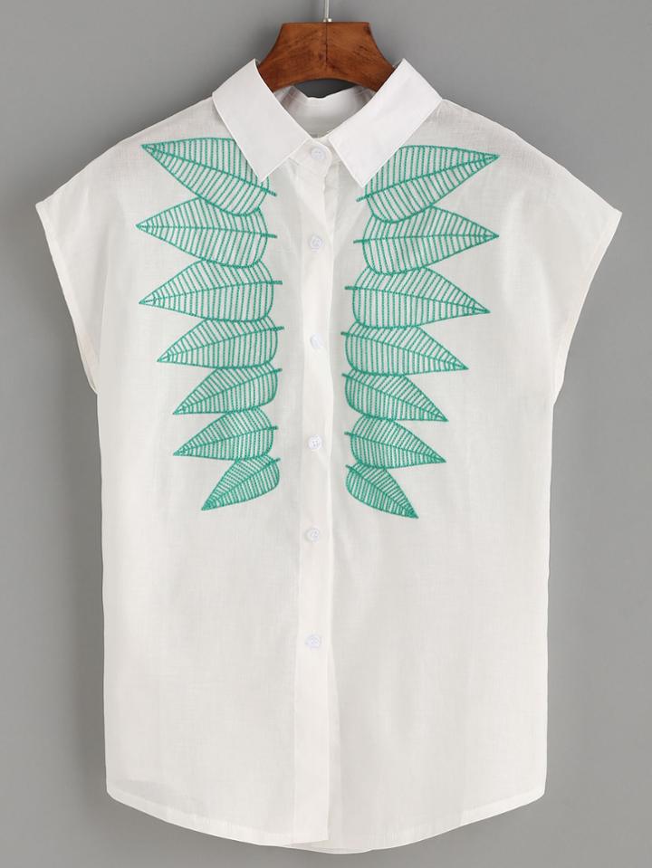 Romwe White Leaf Embroidered Cap Sleeve Blouse