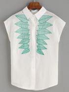Romwe White Leaf Embroidered Cap Sleeve Blouse