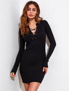Romwe Eyelet Lace Up V Neck Ribbed Trim Sweater Dress