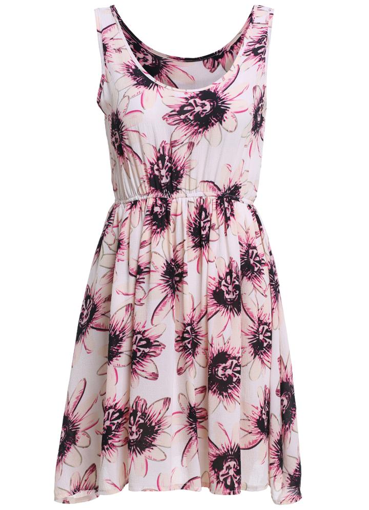 Romwe Scoop Neck Florals Pleated Dress