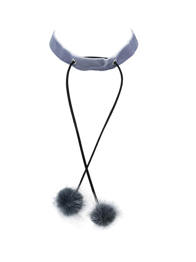 Romwe Gary  Velvet Choker With Fake Fur Balls
