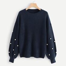 Romwe Pearl Beaded Lantern Sleeve Jumper