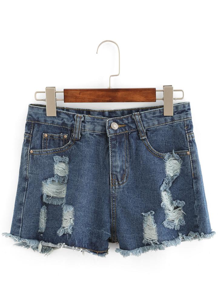 Romwe Distressed Raw Hem Denim Shorts