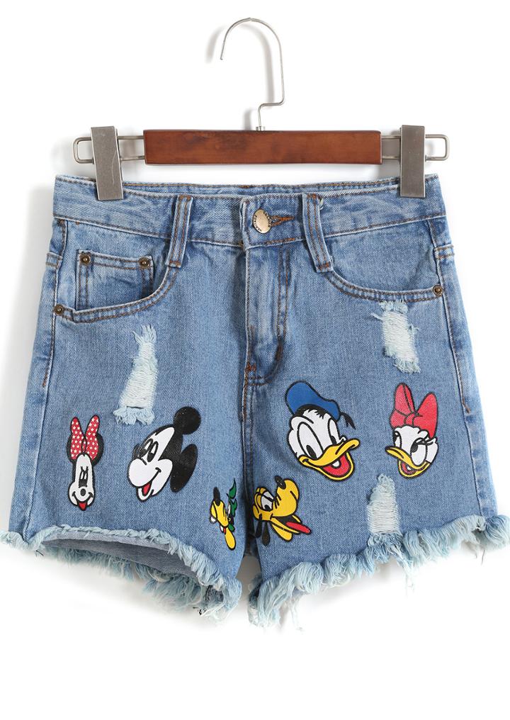 Romwe Blue Donald Duck Print Fringe Denim Shorts
