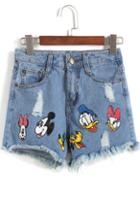 Romwe Blue Donald Duck Print Fringe Denim Shorts