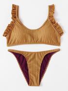 Romwe Frill Detail Striped Bikini Set
